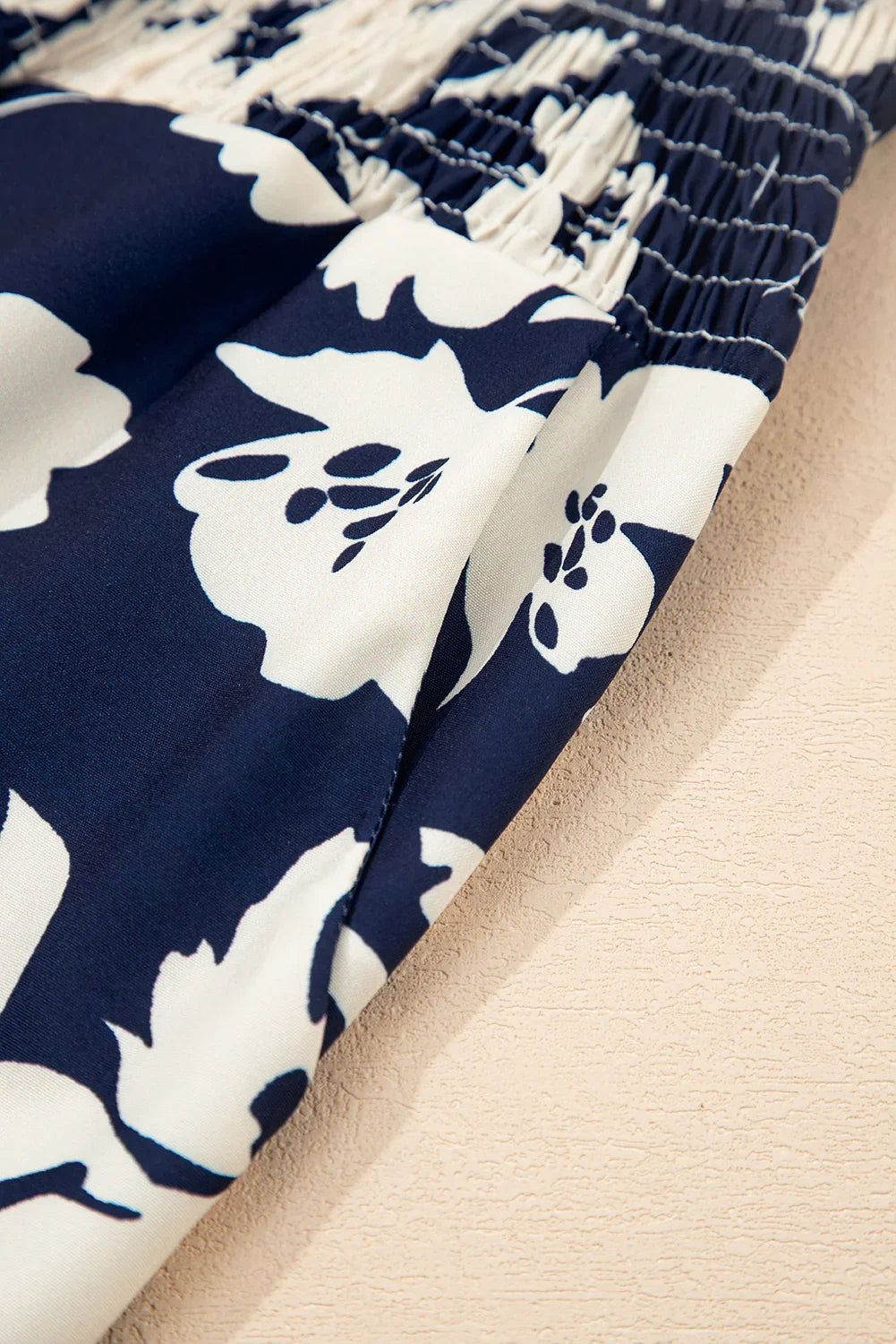 Blue Floral Smocked Frill Waist Wide Leg Pants