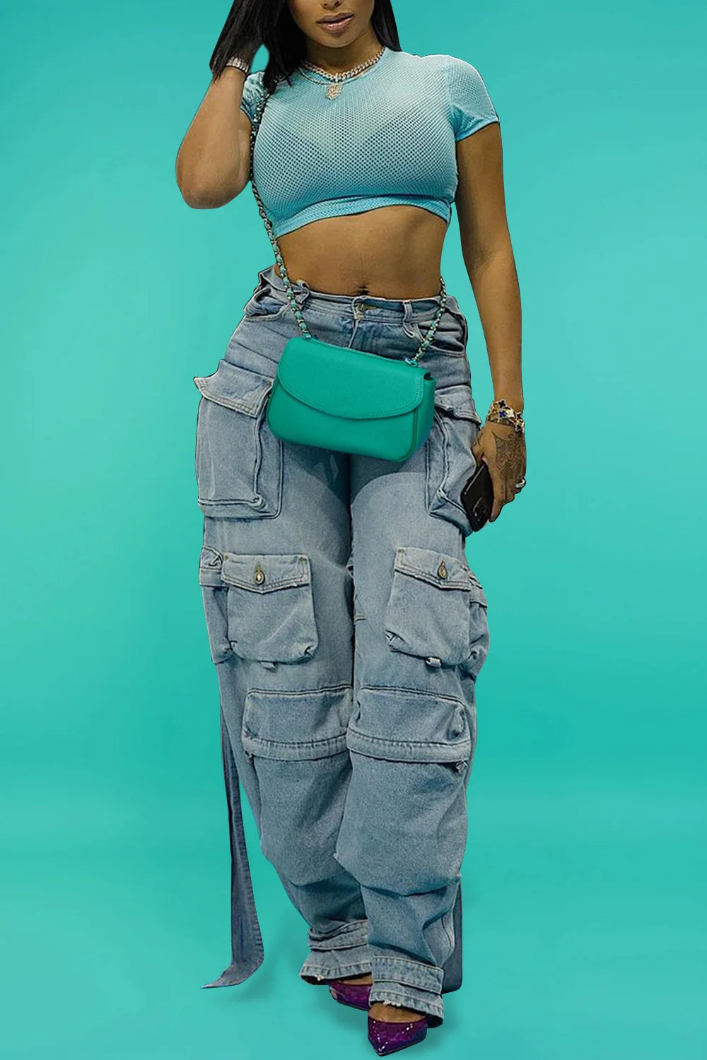 Jean cargo taille haute bleu clair grande taille pour le printemps et l'été, pantalon ample décontracté en denim Harajuku 