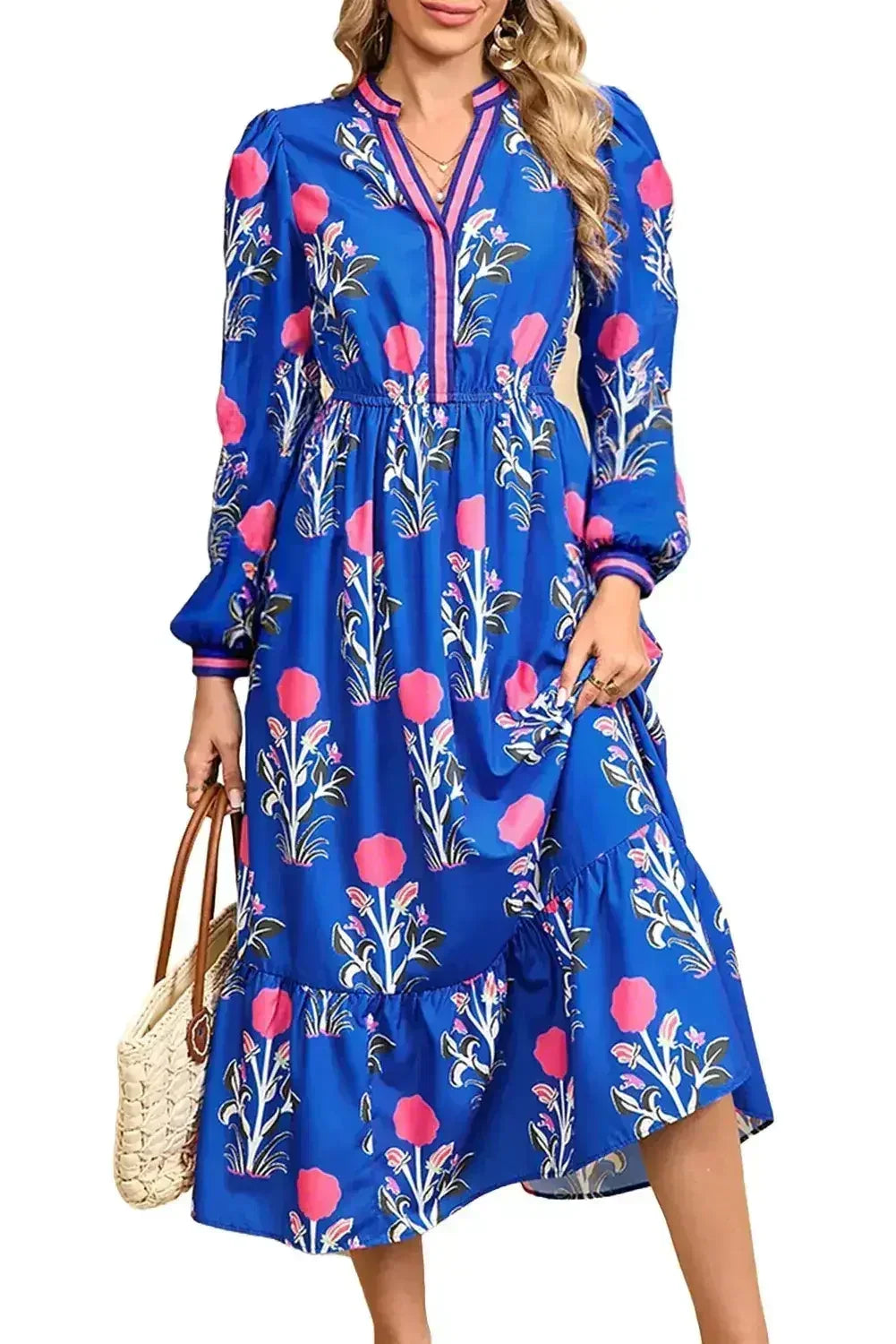 Blue Floral Print Pop of Color Neckline Long Sleeve Midi Dress