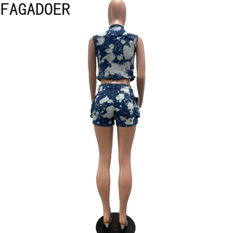 FAGADOER Fashion Printed Denim 2 Pieces Set for Woman Sleeveless Zip Cargo Pocket Jacket Patchwork Crop and Shorts Jeans Outfits