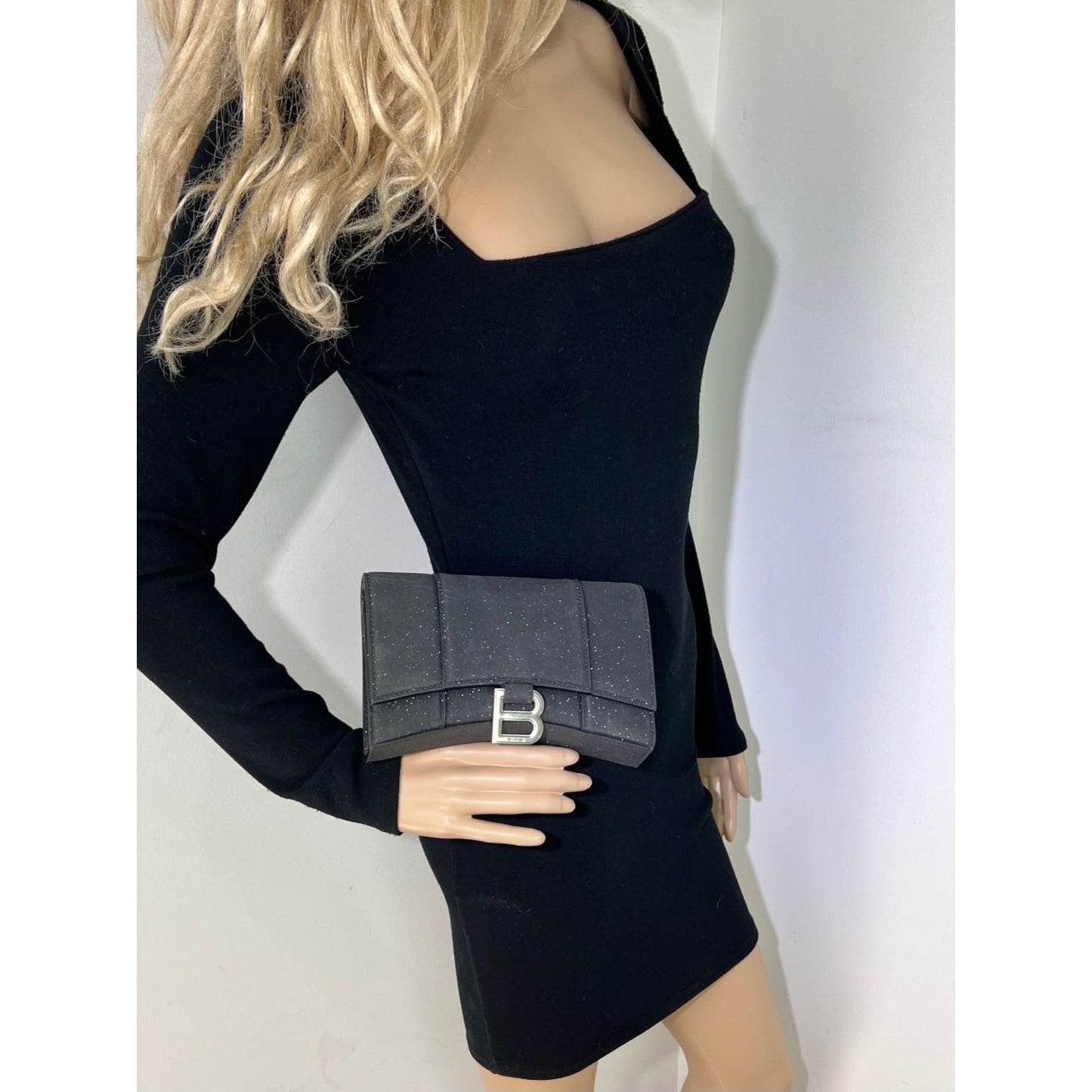BALENCIAGA Hourglass Wallet On Chain Black Glitter Clutch Shoulder Bag