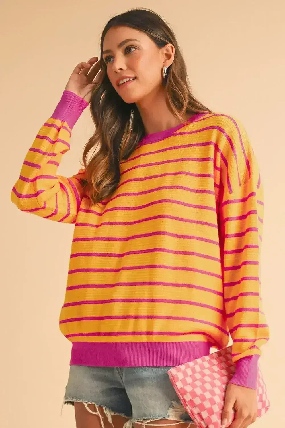 Pink Stripe Round Neck Drop Shoulder Loose Sweater
