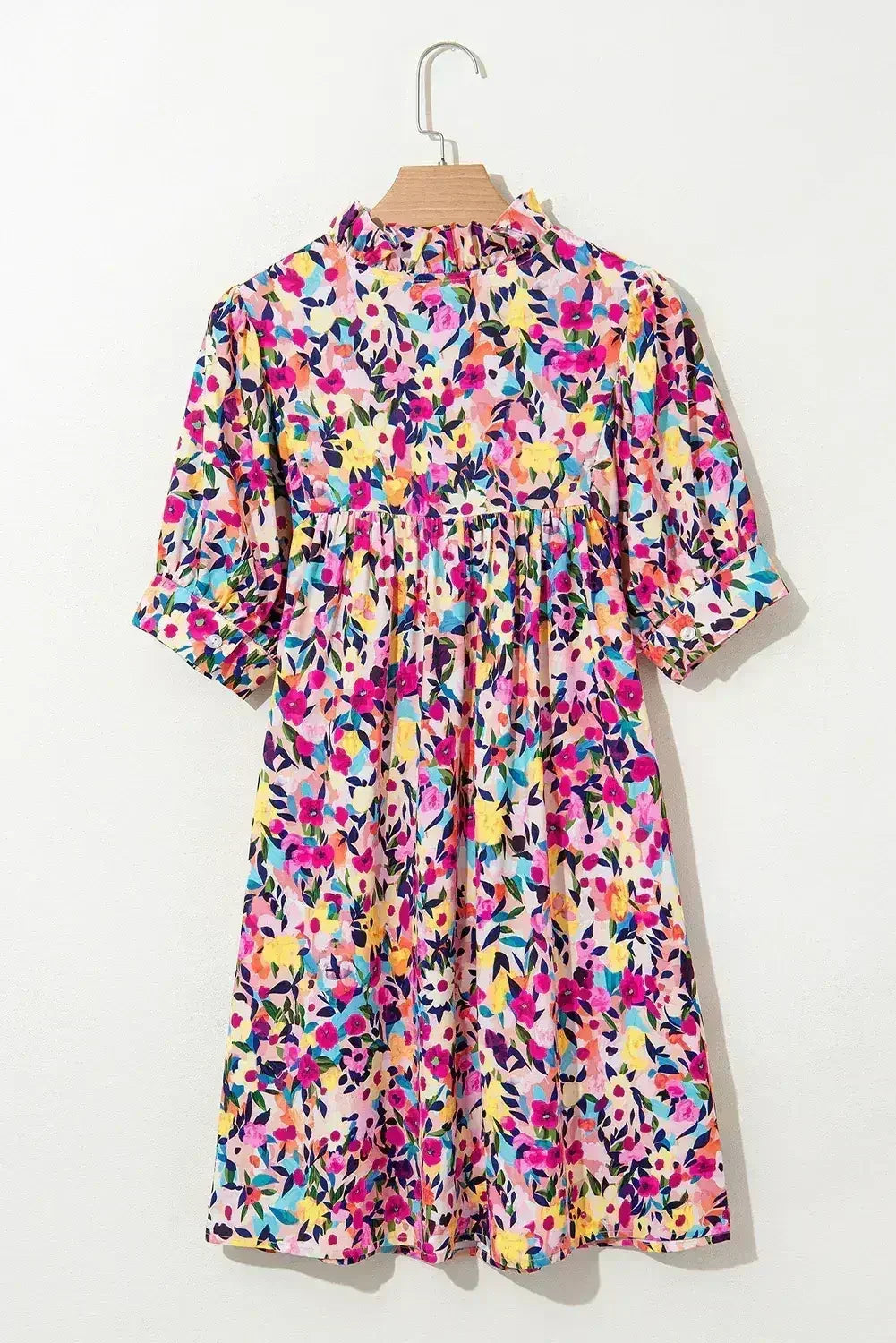 Pink Floral Puff Short Sleeve V Neck Mini Dress