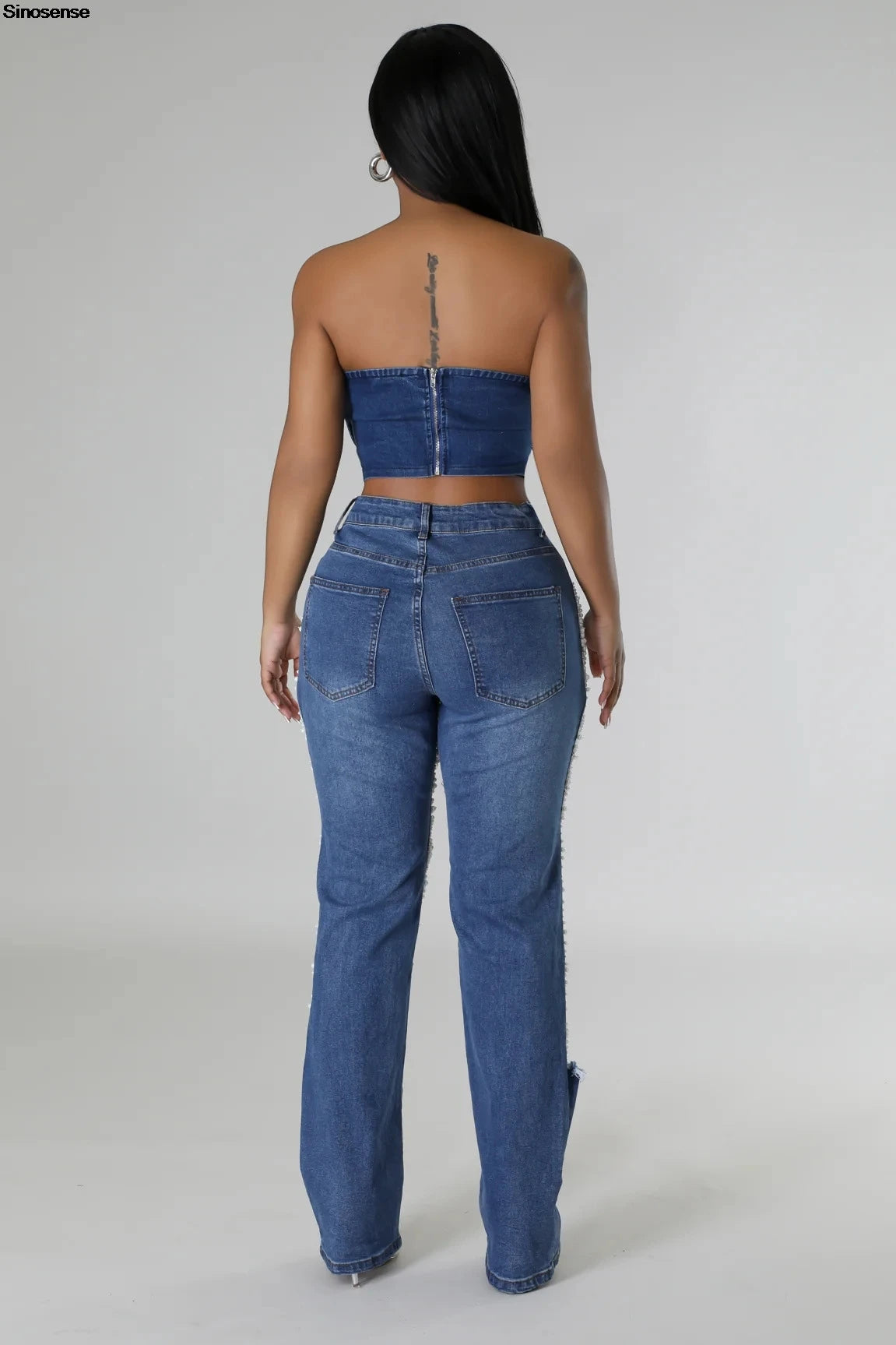 Pantalon en jean déchiré pour femme, coupe slim, effet usé, avec perles et strass, style années 2000, idéal pour les soirées en boîte de nuit 
