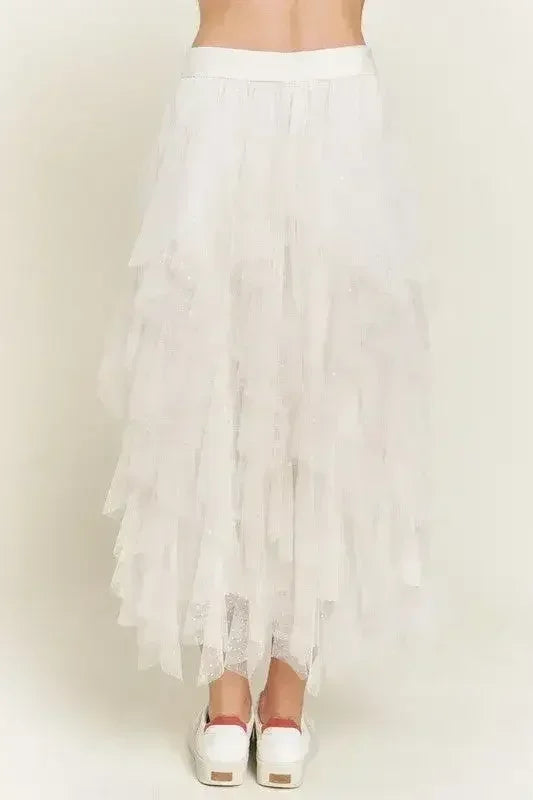 PLUS LAYER POLKA DOT MESH LINED A-LINE MIDI SKIRT