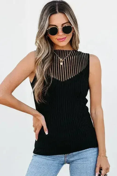 Black Mesh Cutout Knit Vest - Edgy Ribbed Design | Femstylo