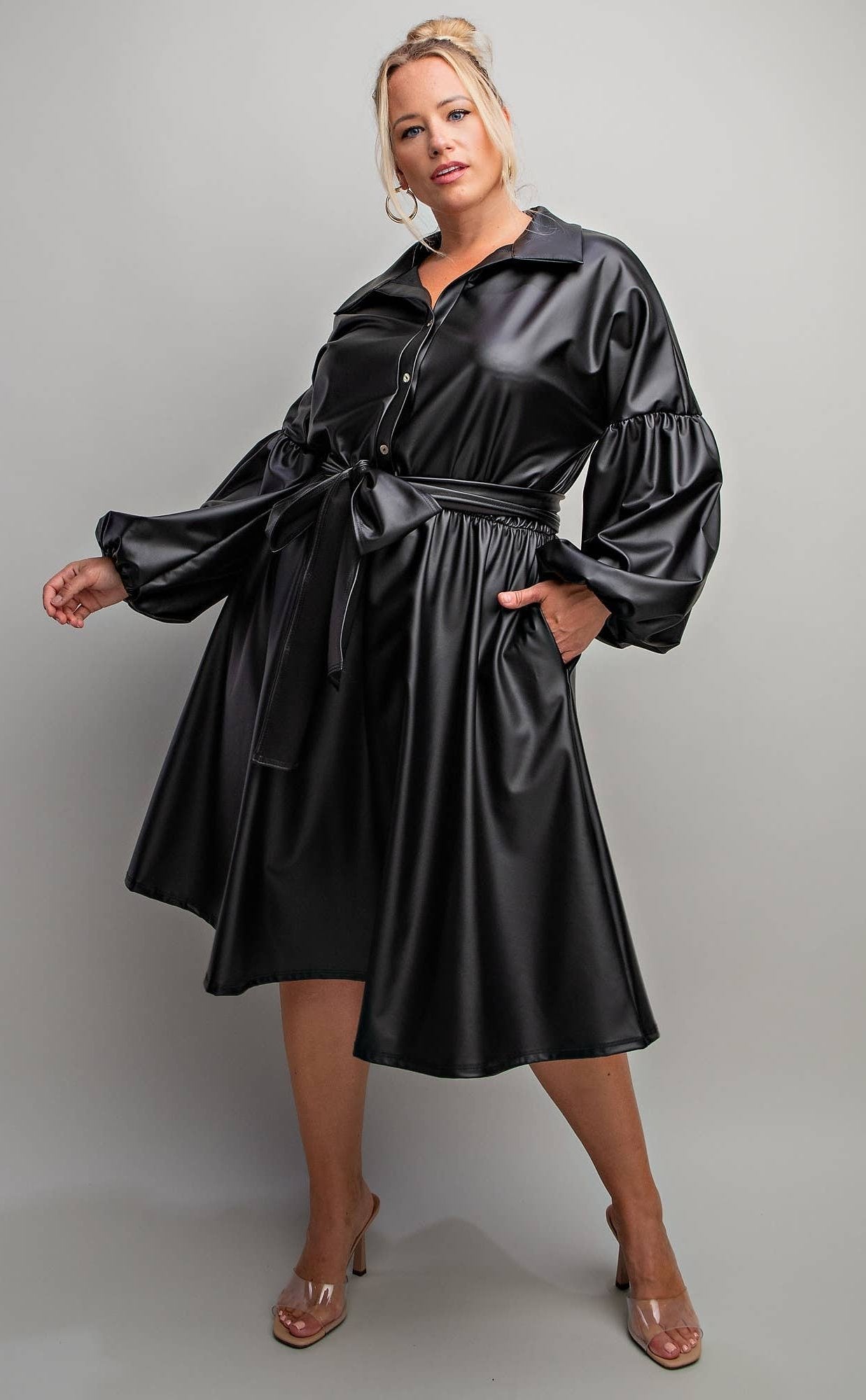 Victoria Plus Size Faux Leather Button Front Fit Flare Dress