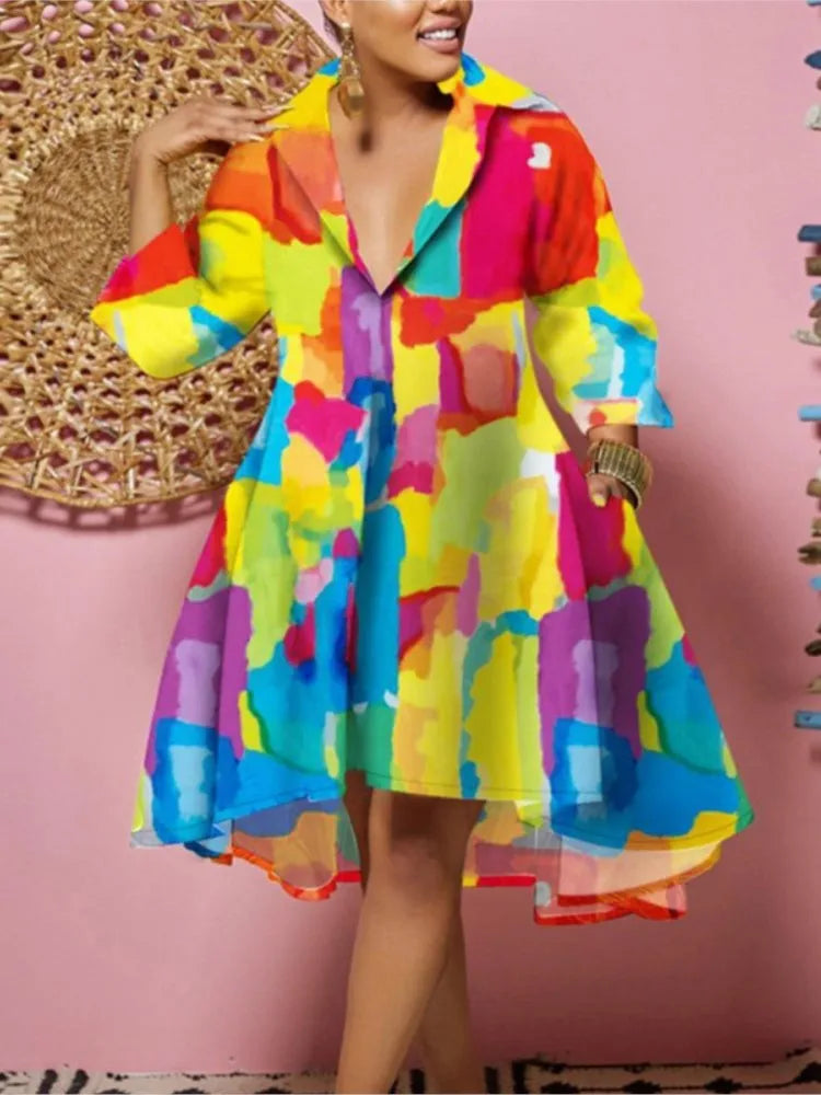 Women Sexy Fashion Printed Shirt Dresses Chic V Neck Loose Long Sleeve Dress Causal Vacation Female Mini Vestidos Robe Clothing