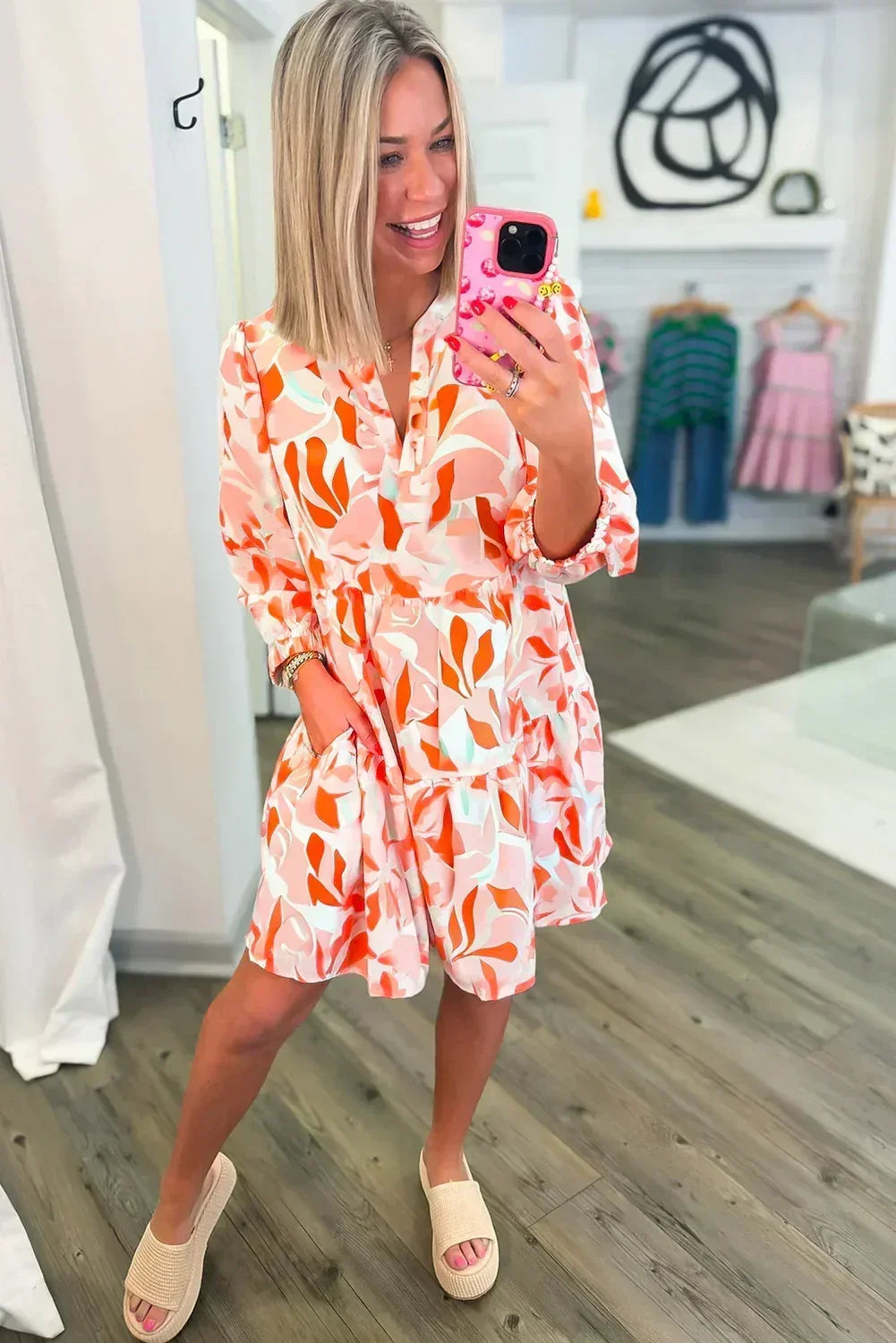 Orange Abstract Print Split Neck Long Sleeve Dress