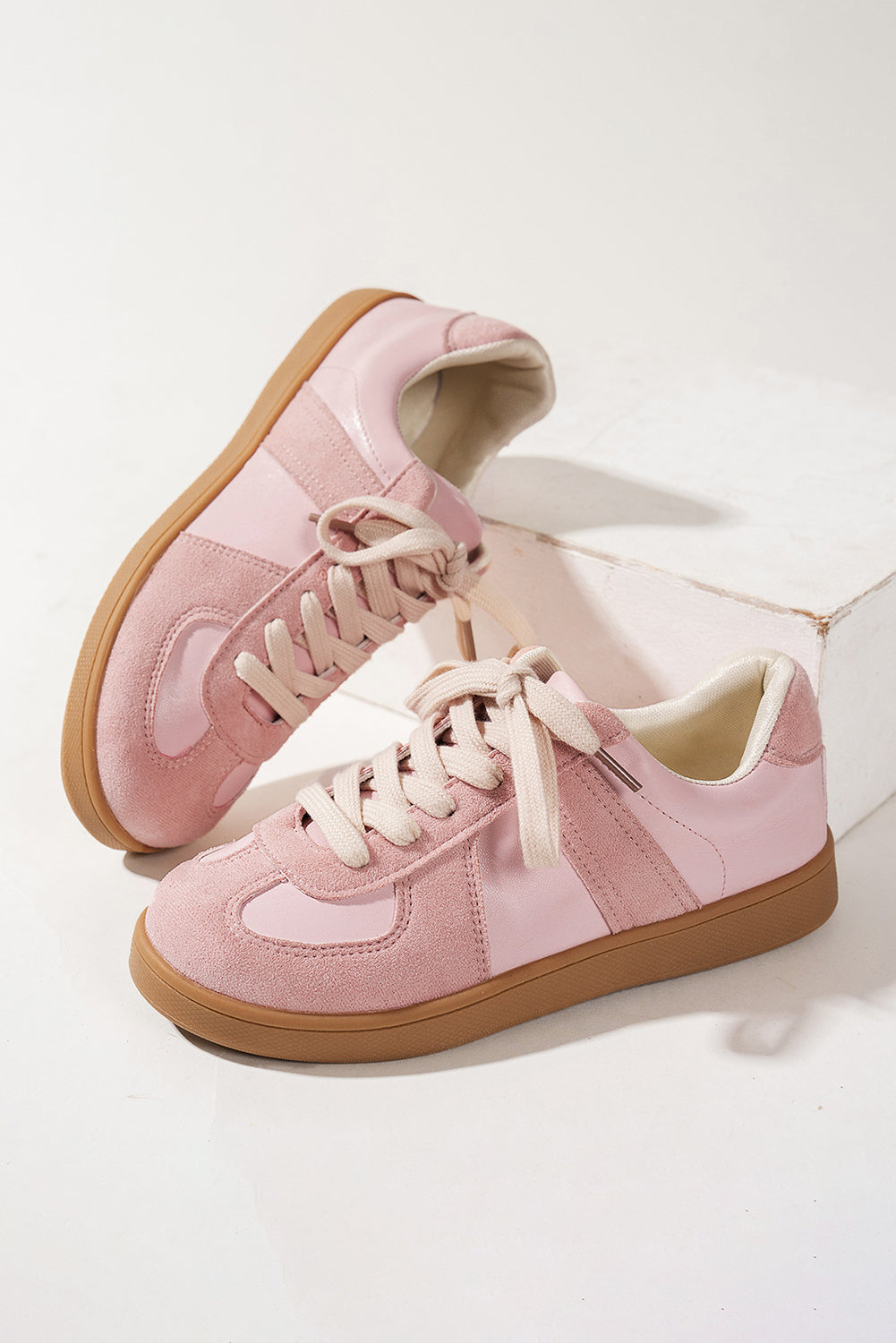 Pink Two Tone Suede Patched Lace Up Sneakers For Women