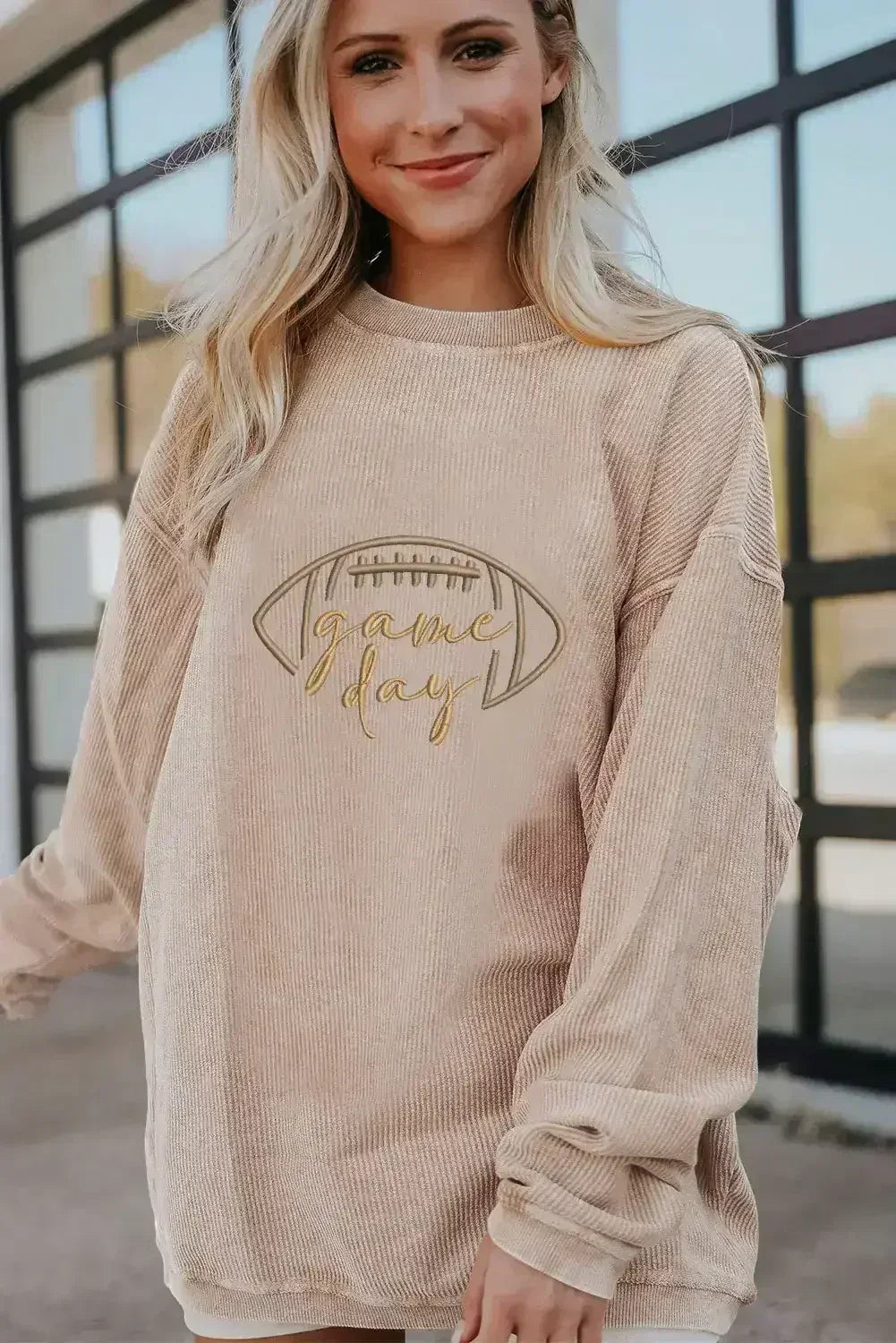 Apricot Football Graphic Sweatshirt – Drop Shoulder & Game Day Style | Femstylo