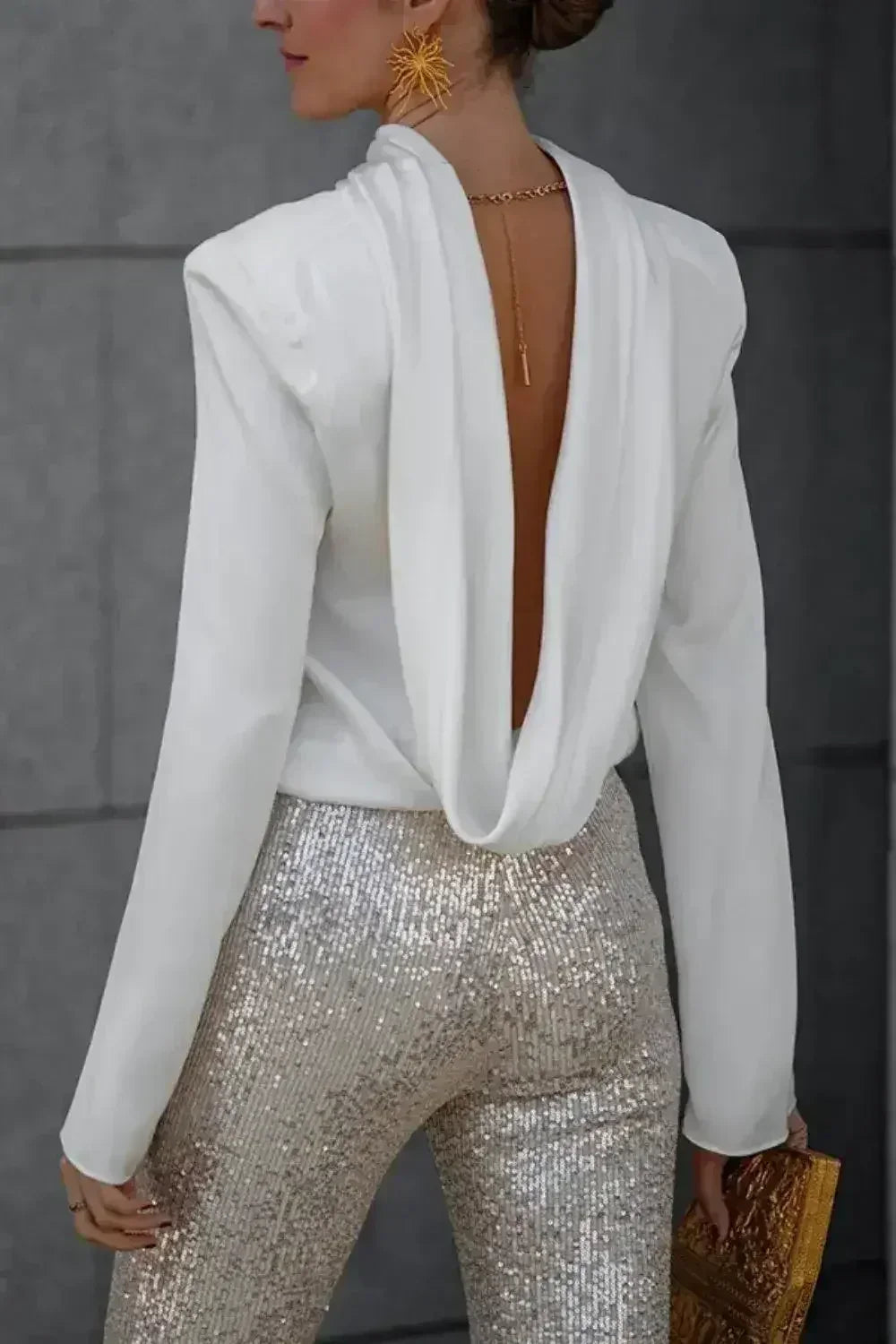 Backless Cowl Neck Long Sleeve Blouse – Elegant & Stylish | Femstylo