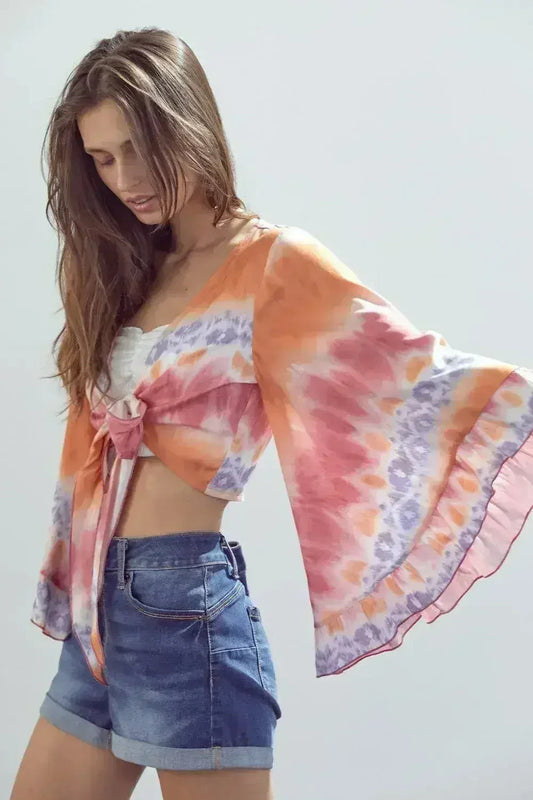 Bell-Sleeve Tie-Dye Crop Top – Flowy Sleeves & Stylish Design