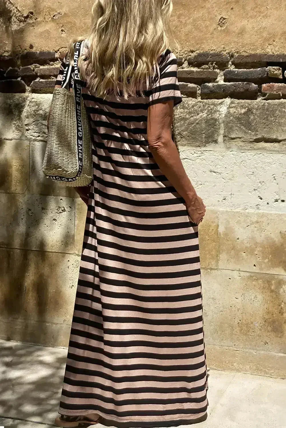 Black Striped Side Pockets T-shirt Maxi Dress