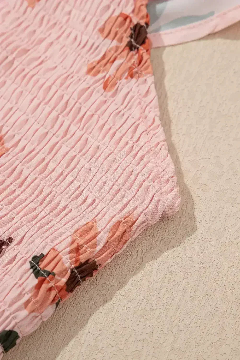 Pink Floral V Neck Smocked High Waist Ruffle Hem Maxi Dress