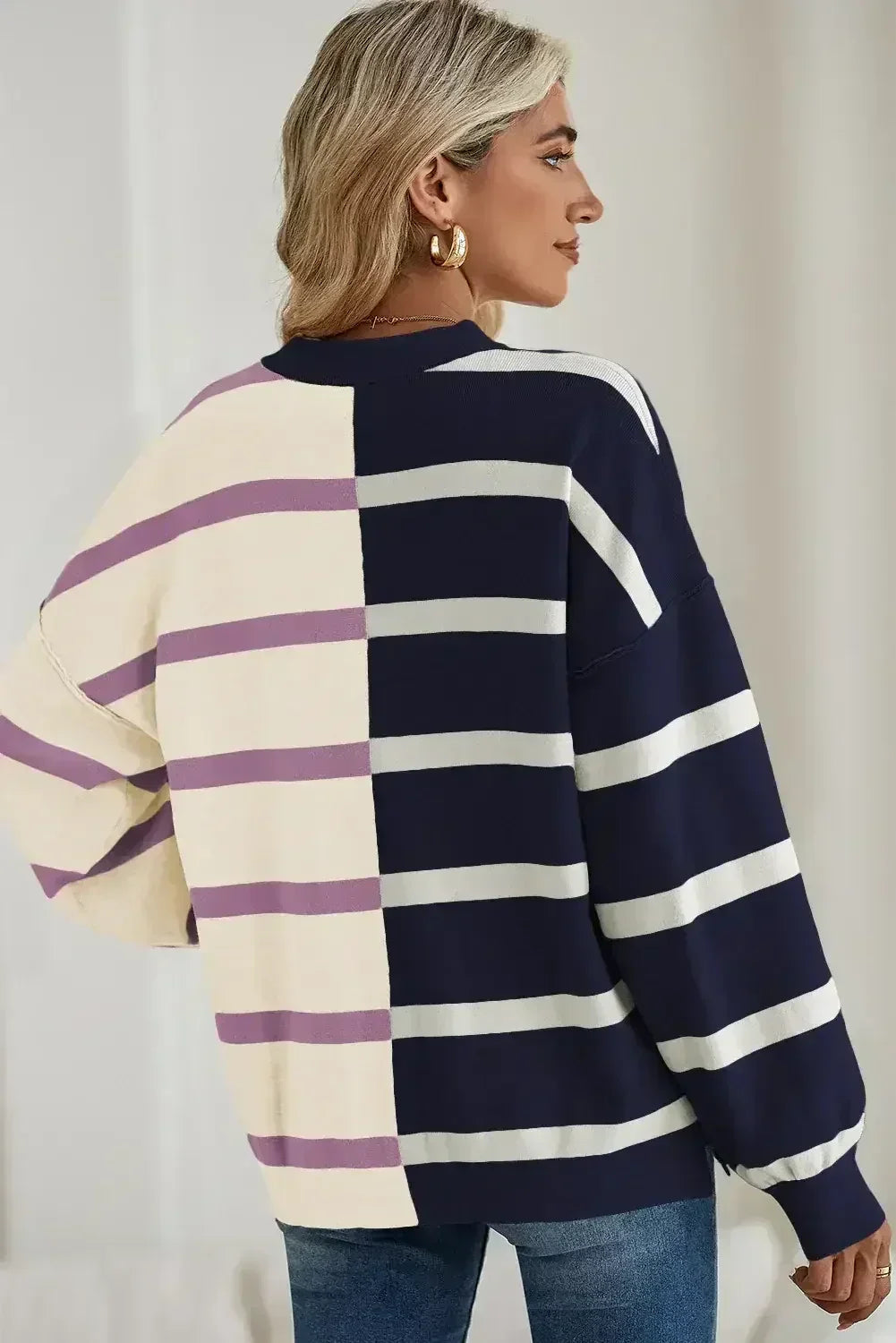 Pink Striped Patchwork Drop Shoulder Sweater
