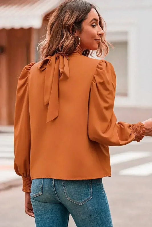 Orange Chiffon Blouse - Bubble Sleeves & Mock Neck | Femstylo