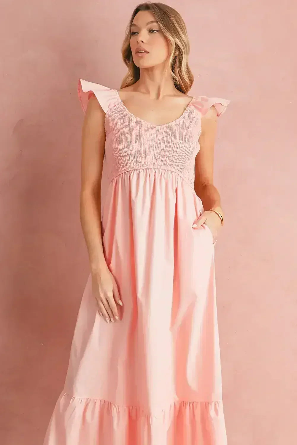 Black V Neck Flutter Sleeve Smocked Bodice High Waist Ruffle Maxi Dress