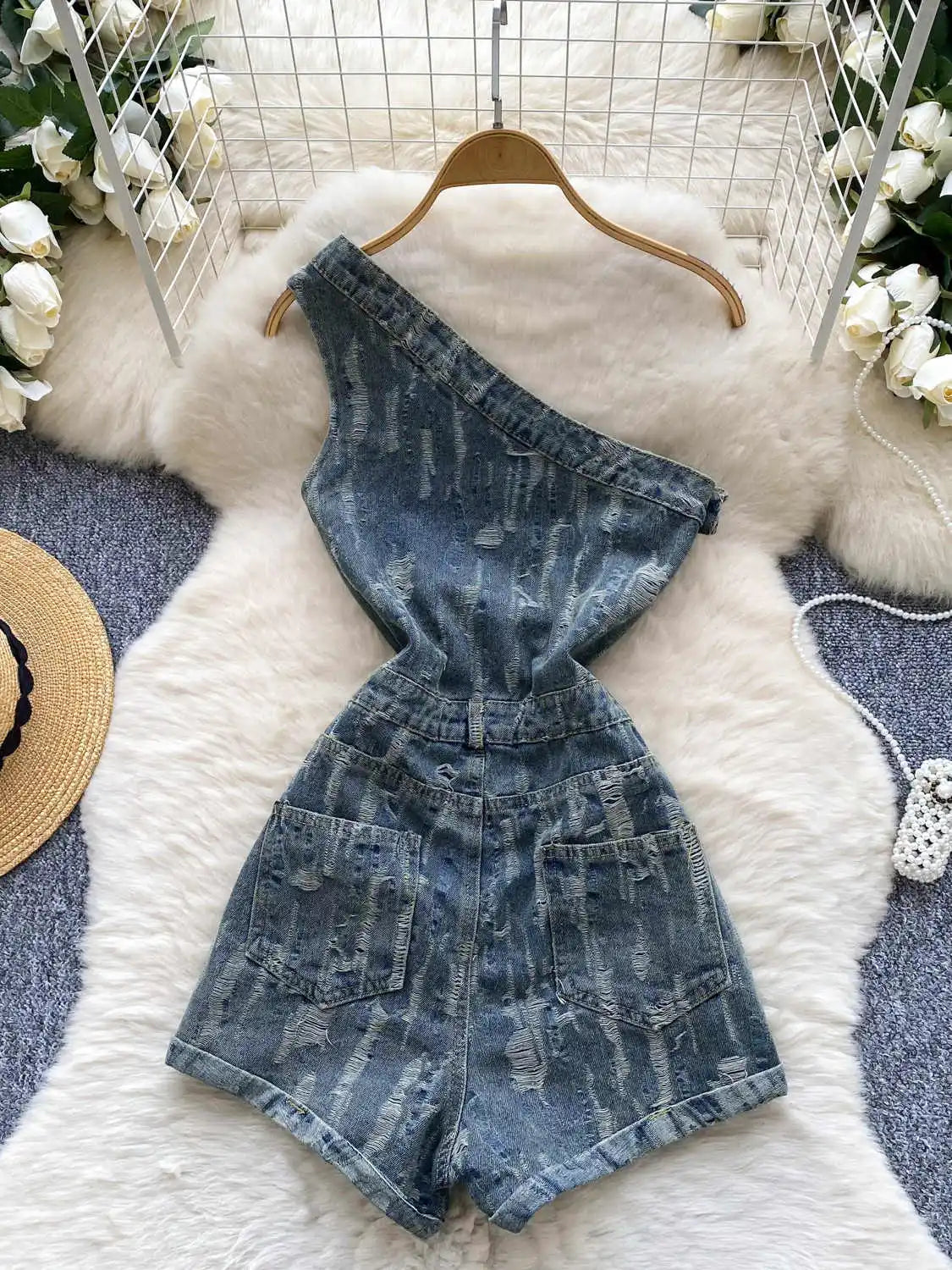 Women's Blue Ripped Denim Shorts Jumpsuits 90s Vintage Playsuits Harajuku Off Shoulder Rompers Jeans Pants Ladies Clothes Summer