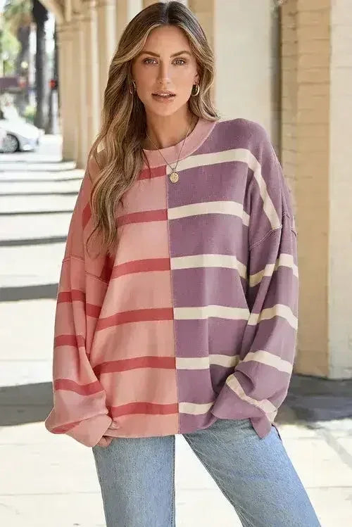 Pink Stripe Oversized Sweater - Colorblock Knit | Femstylo