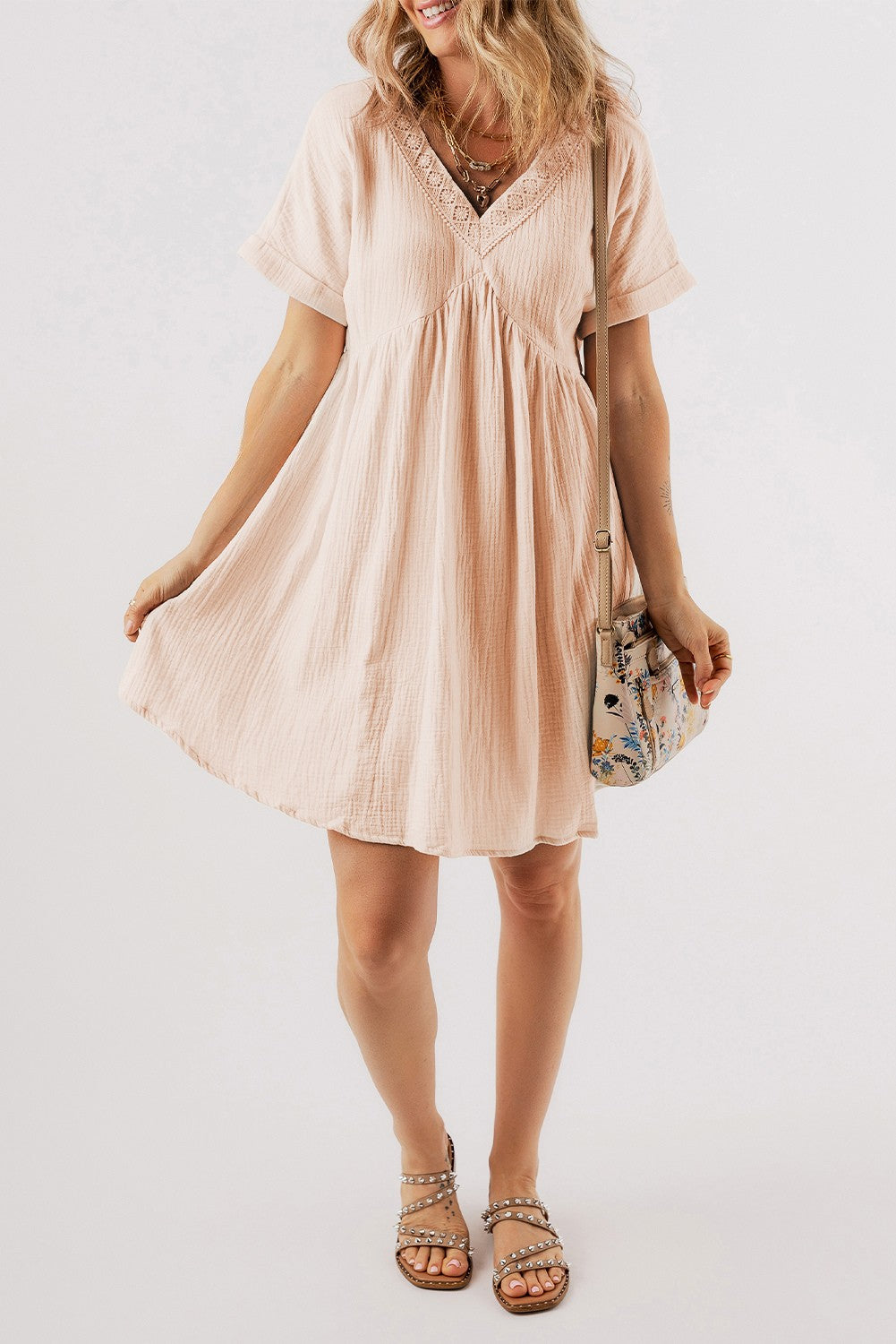 Bria Folded Short Sleeve Lace V Neck Mini Dress