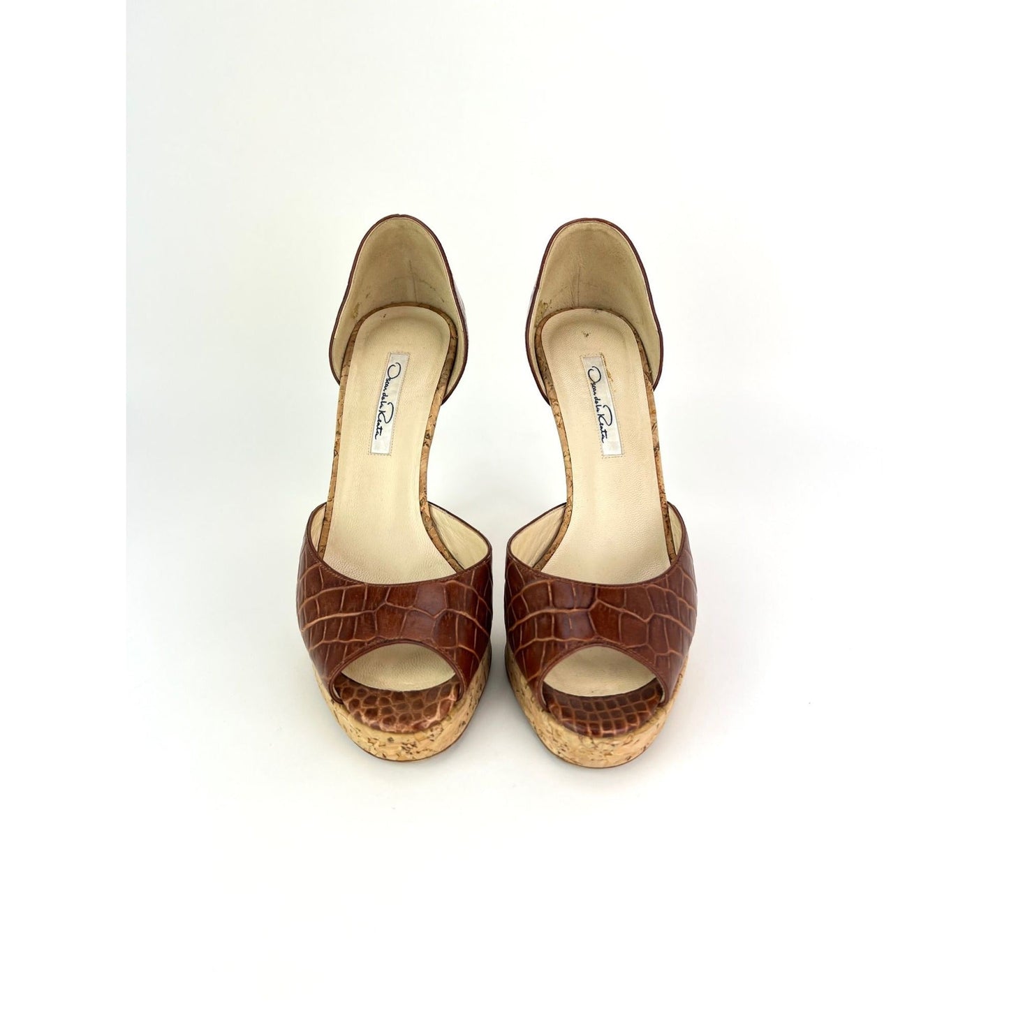 Oscar de la Renta Peep Toe Crocodile Cork Heel Shoe