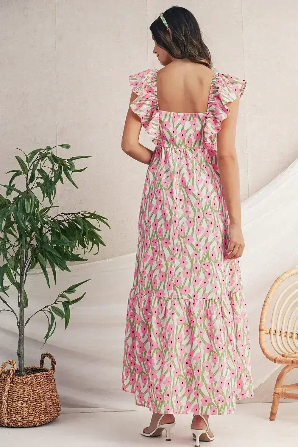 Pink Floral Print Square Neck Ruffled Strap Maxi Dress