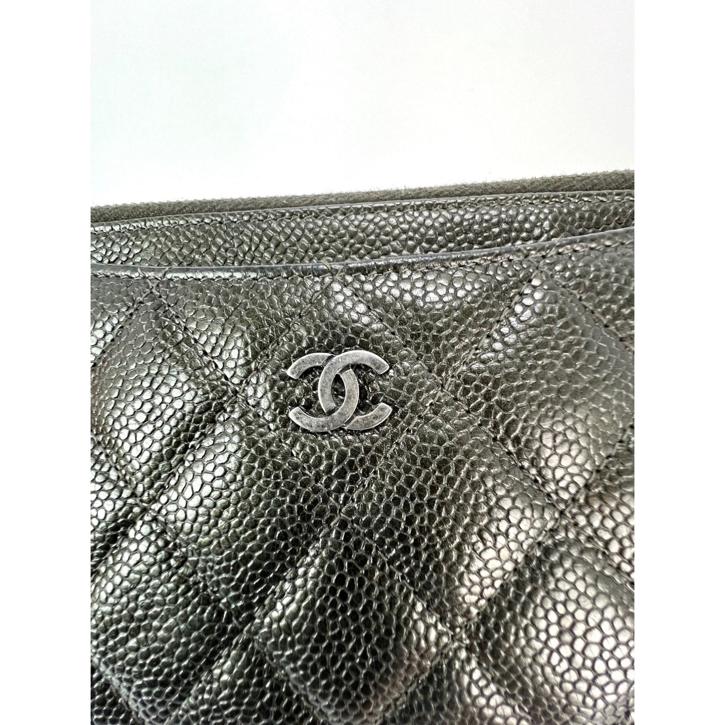 Chanel Metallic Caviar Quilted Classic Zip Dark Charcoal Pouch Clutch
