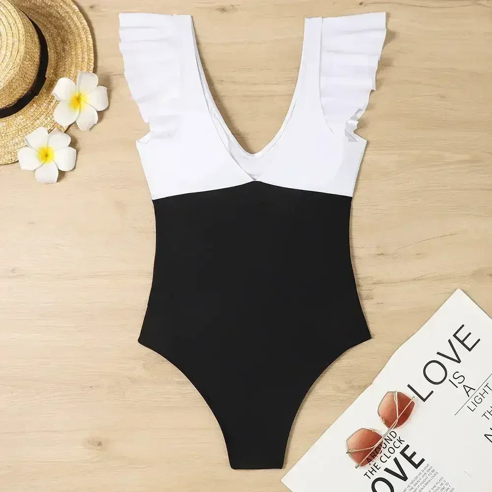 Black Color Block Cut Out Criss Cross One Piece Swimsuit