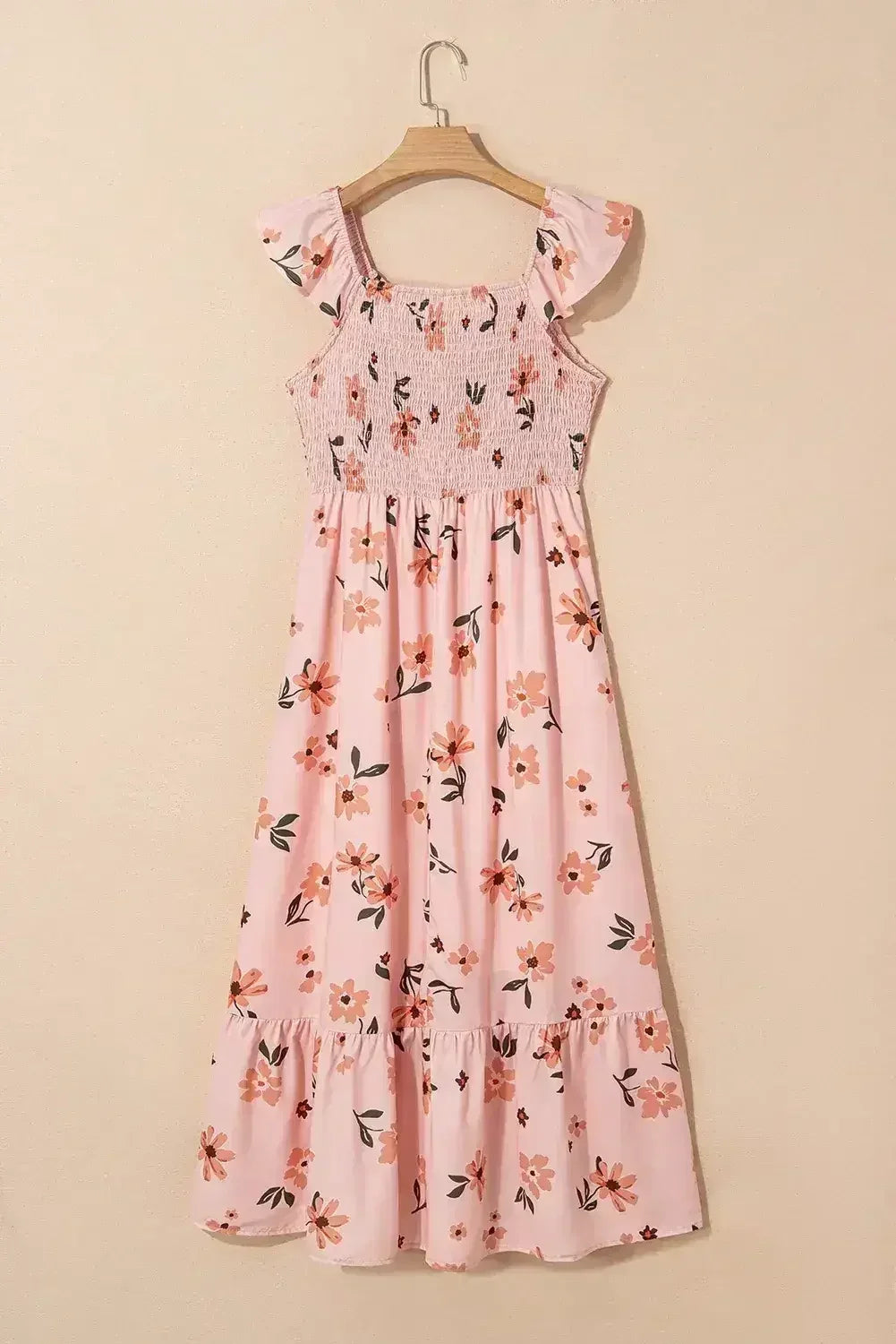 Pink Floral V Neck Smocked High Waist Ruffle Hem Maxi Dress