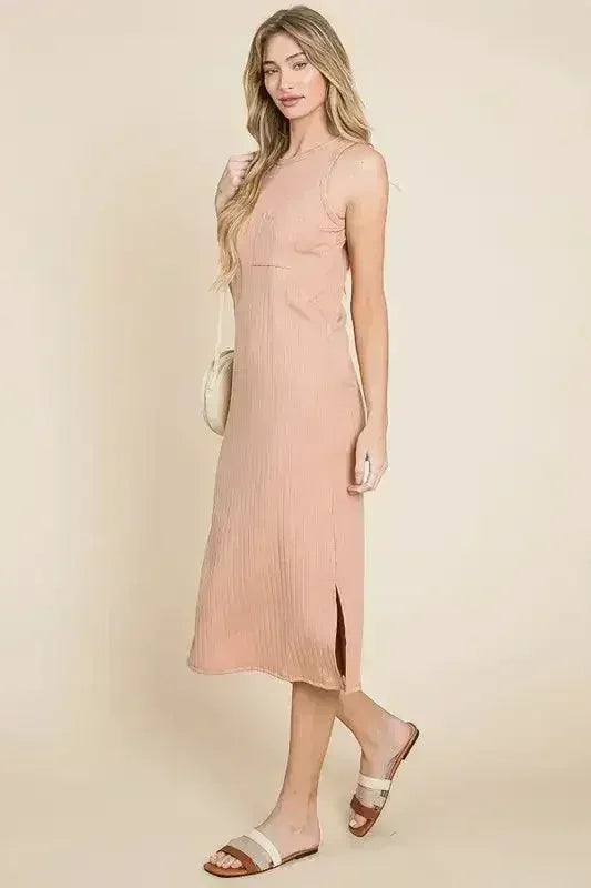 BOMBOM Ribbed Knit Sleeveless Midi Dress