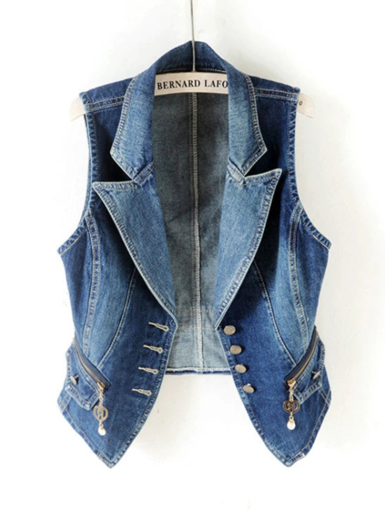 PTKPCC Casual Female Tops Women Denim Vest Jacket Spring Autumn Clothes Sleeveless Short Jeans Waistcoats Single-Breasted 5XL