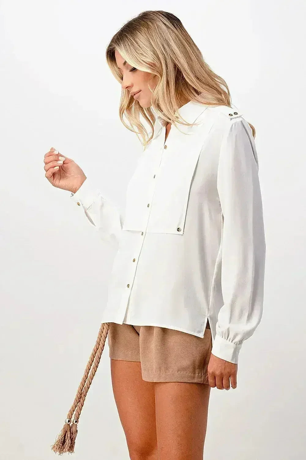 Oversized Military Blouse – Gold Button Long Sleeve Top | Femstylo