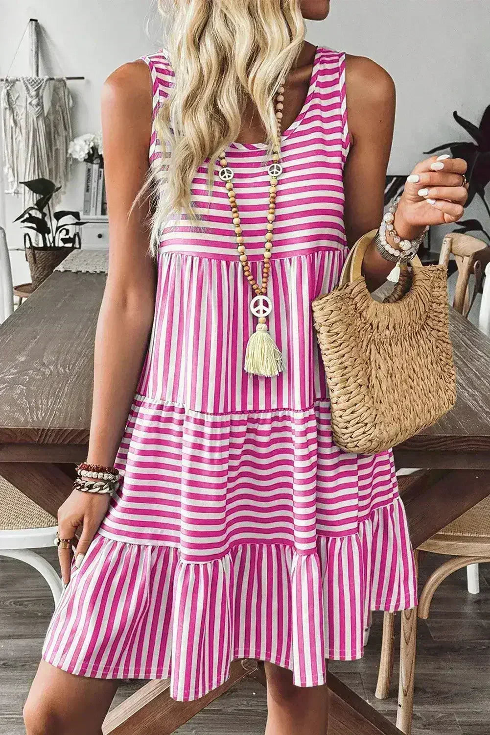 Black Stripe U Neck Sleeveless Loose Fit Mini Dress