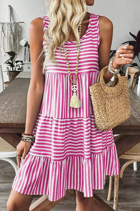 Black Stripe U Neck Sleeveless Loose Fit Mini Dress