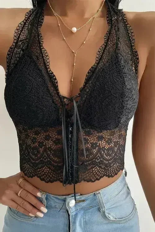 Black Lace Bralette Crop Top - Scallop Trim & Backless Design