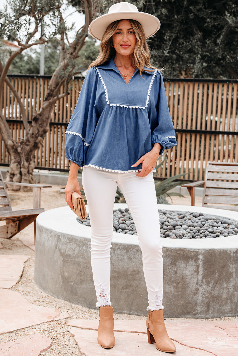 Nevaeh Lace Ric Rac 3/4 Puff Sleeve Collared Babydoll Blouse