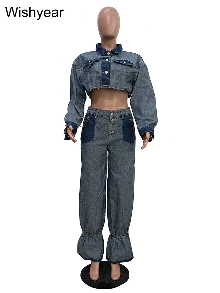 Streetwear Blue Patchwork Denim Two 2 Piece Pants Set Women Sales Long Sleeve Crop Tops and Flare Jeans Loose Matching Outfits