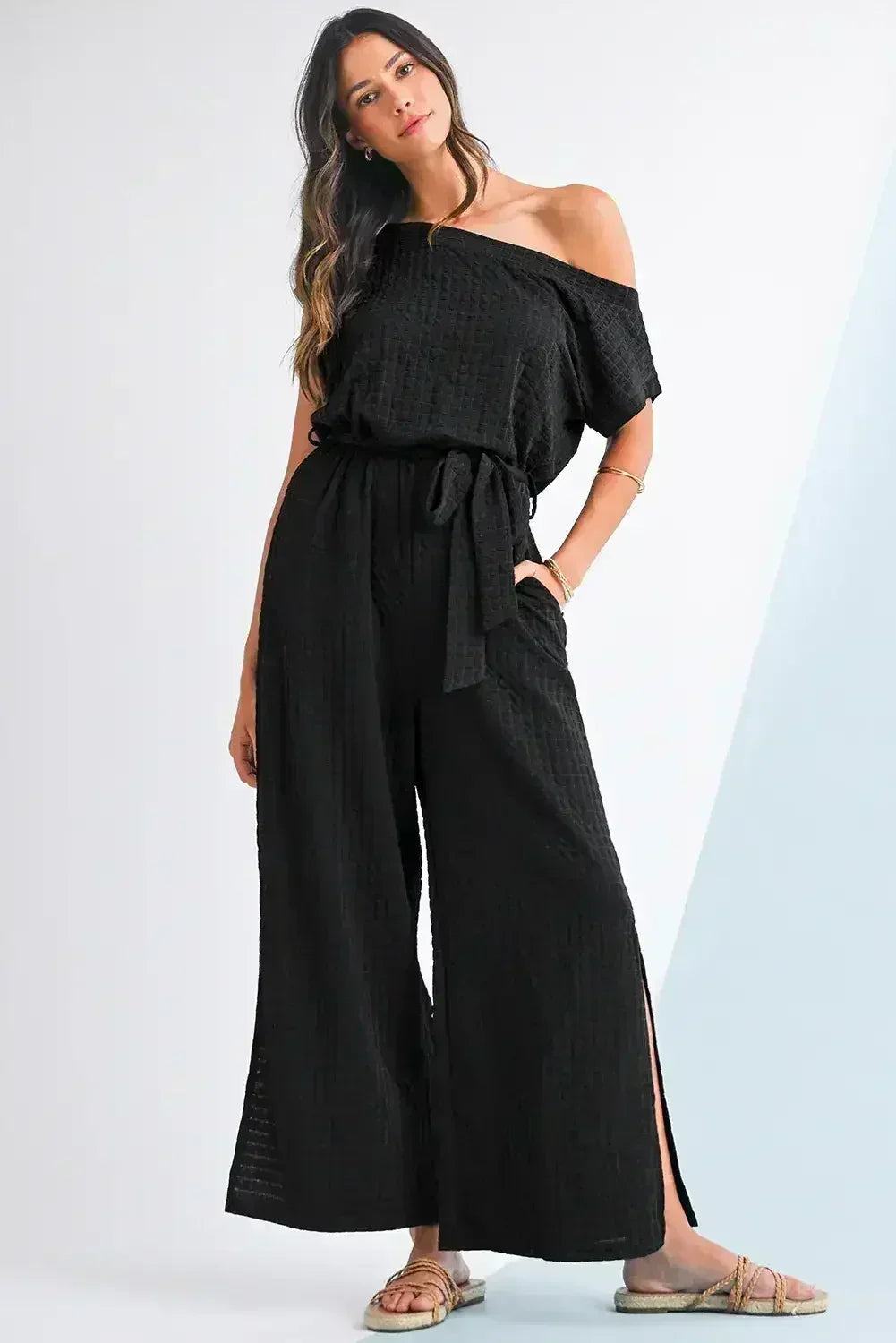 Black Checkered Mesh One Shoulder Short Sleeve Knotted Waist Jumpsuit