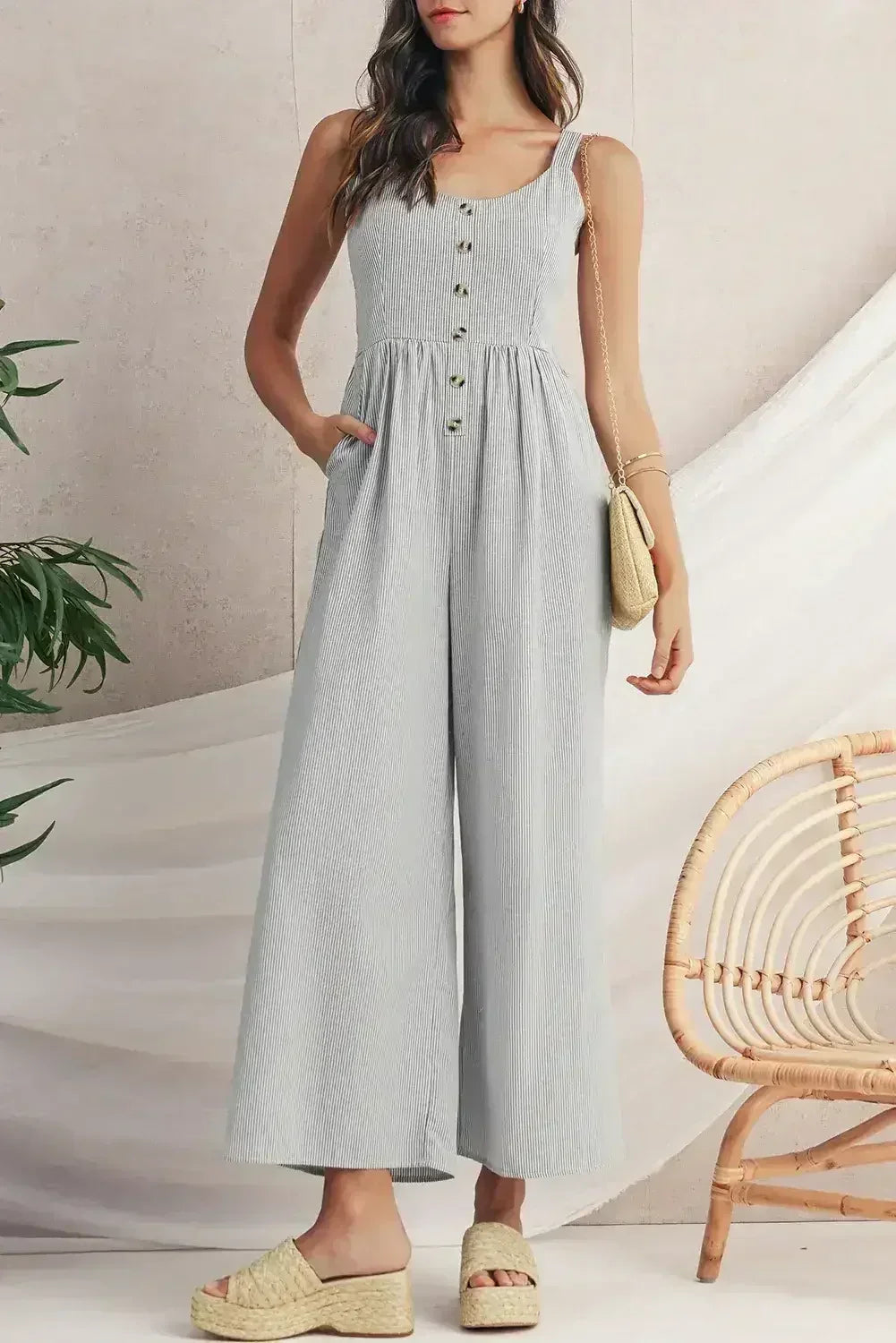 Black Stripe Half Buttoned Sleeveless Wide Leg Jumpsuit