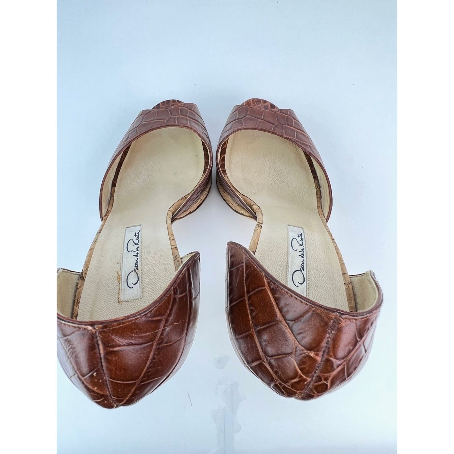 Oscar de la Renta Peep Toe Crocodile Cork Heel Shoe