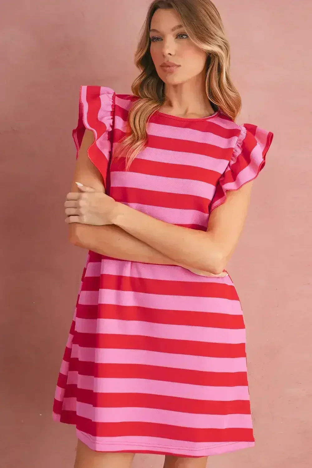 Black Stripe Flutter Sleeve Round Neck Shift Mini Dress