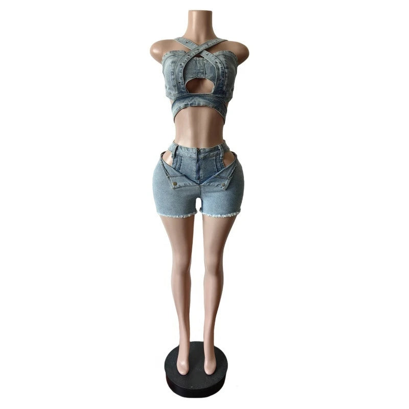 Sexy Jean 2 Piece Sets Women Outfit Summer Clothes Women 2024 Strapless Hollow Out Vest Top + Shorts Sets Street Denim Woman Set