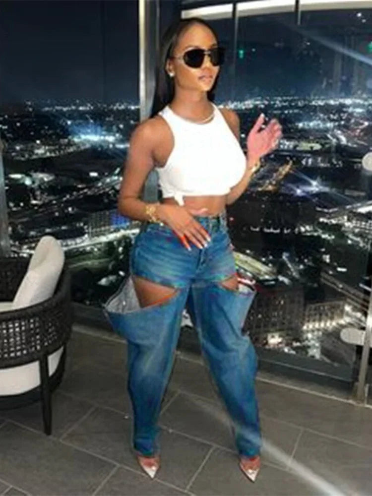 Hollow Elastic Women Demin Jeans High Waist Pockets Causal Vintage Bottoms Female Fashion Y2K Streetwear Clothing