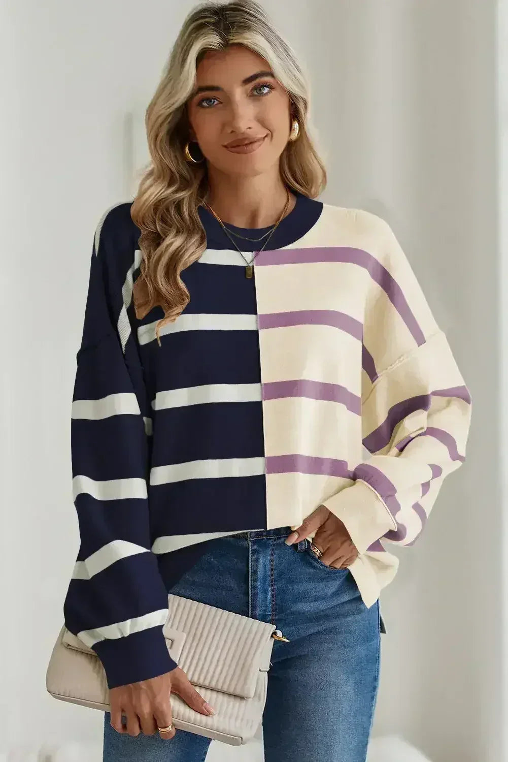 Pink Striped Patchwork Drop Shoulder Sweater