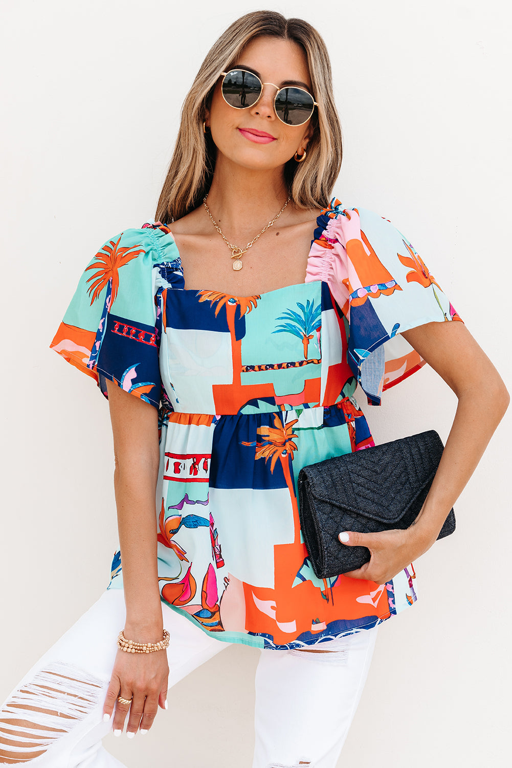 Payton Tropical Flutter Sleeve Babydoll Blouse