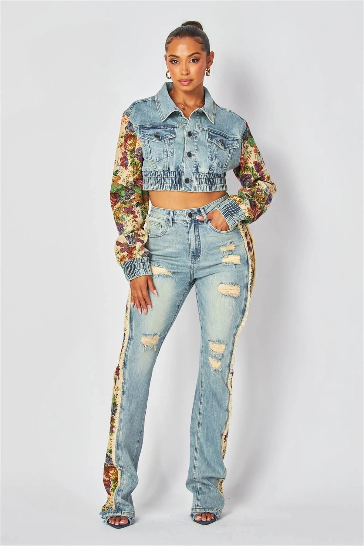 2024 Women's Printed Splicing Denim Jacket Long Sleeve and Piercing Jeans Long Pants Color Contrasting Set Two Piece Set