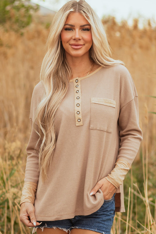 Blake Waffle Textured Tunic Henley Top with Slits