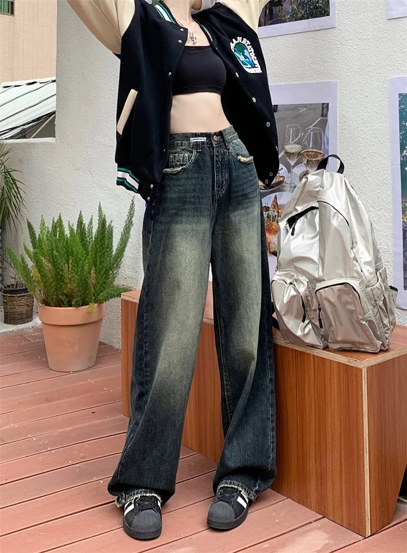 Women's Harajuku Style Loose Wide Leg Jeans Autumn Winter Street Fashion Retro Straight Loose Denim Trousers ﻿