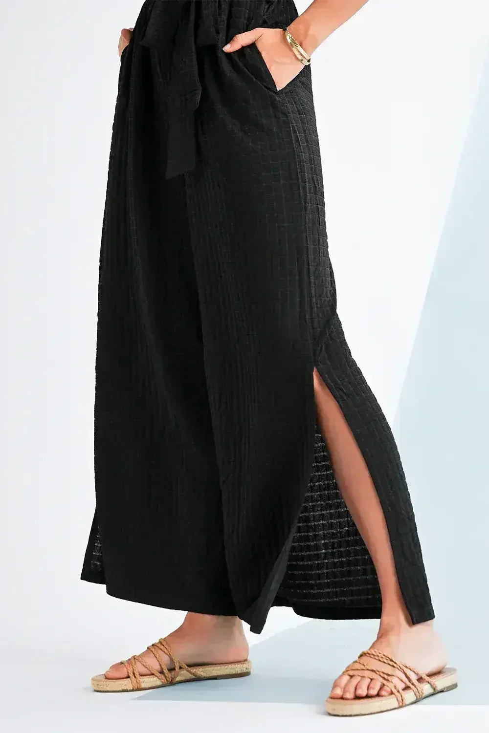 Black Checkered Mesh One Shoulder Short Sleeve Knotted Waist Jumpsuit